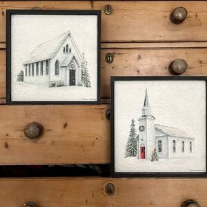 Winter Church Holiday framed Art Set